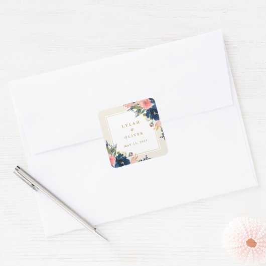 Wild Elegance | Navy Blush & Gold Wedding Vierkante Sticker (Envelop)