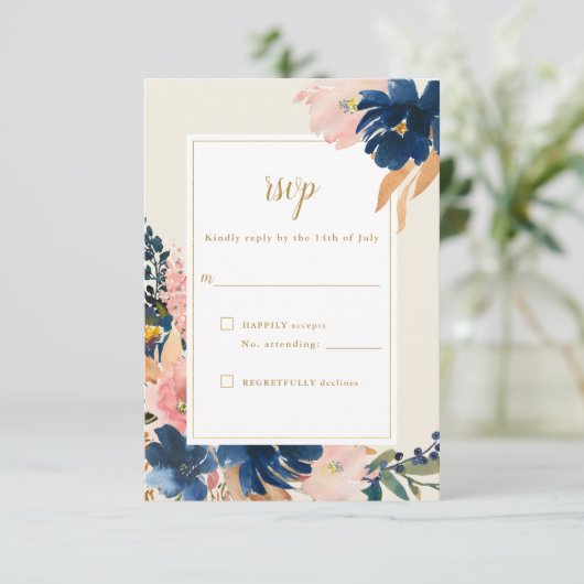 Wild Elegance | RSVP-auto van Navy Blush & Gold We RSVP Kaartje (Staand voorkant)