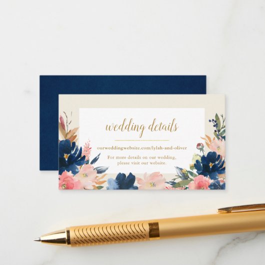 Wild Elegance | Website van Navy Blush & Gold Wedd Informatiekaartje (Voorkant / Achterkant in situ)