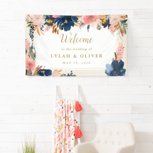 Wild Elegance | Welkom bij Navy Blush & Gold Weddi Spandoek (Insitu)