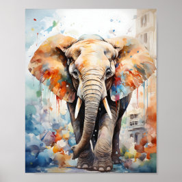 Wild Elephant Unique Waterverf Dierenkunst Poster