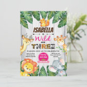 Wild en drie 3e verjaardag uitnodiging safari (Staand voorkant)