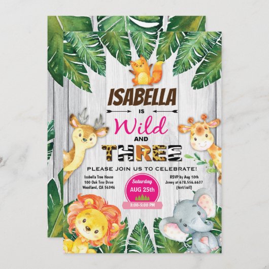 Wild en drie 3e verjaardag uitnodiging safari (Voorkant / Achterkant)