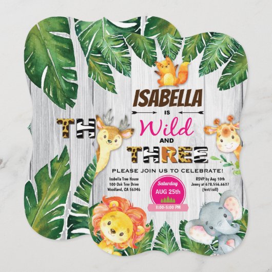 Wild en drie 3e verjaardag uitnodiging safari (Voorkant / Achterkant)