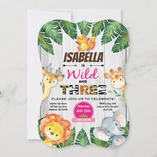 Wild en drie 3e verjaardag uitnodiging safari (Voorkant)