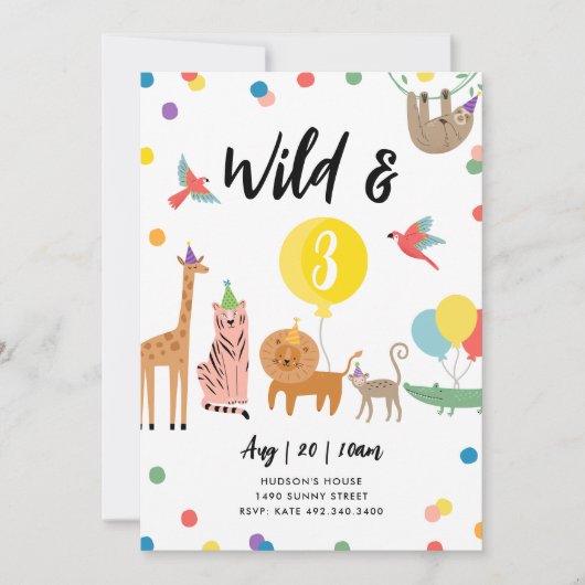 Wild en Drie Feestdier Verjaardag Uitnodiging (Voorkant)