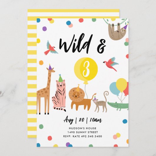 Wild en Drie Feestdier Verjaardag Uitnodiging (Voorkant / Achterkant)