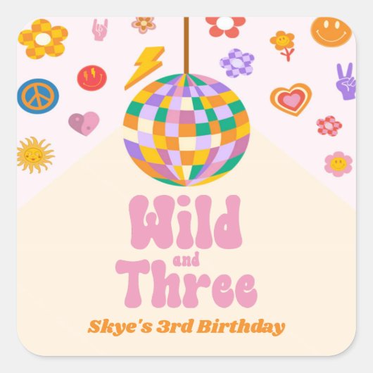 Wild en Drie Retro Disco Ball 3e Verjaardagsfeest Vierkante Sticker (Voorkant)