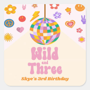 Wild en Drie Retro Disco Ball 3e Verjaardagsfeest Vierkante Sticker