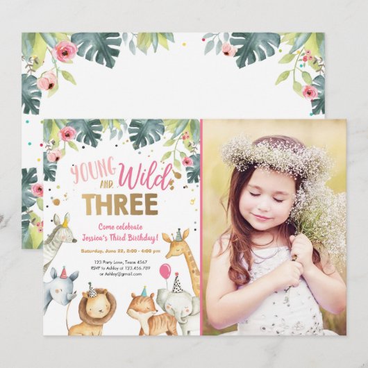 Wild en Drie Safari Dieren Verjaardag Uitnodiging (Voorkant / Achterkant)