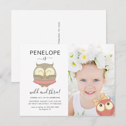 Wild en drie Schattigee uilen foto verjaardagsfees Uitnodiging Briefkaart (Voorkant / Achterkant)