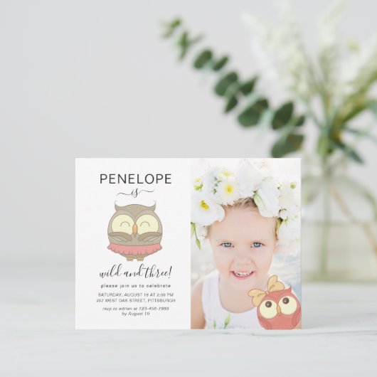 Wild en drie Schattigee uilen foto verjaardagsfees Uitnodiging Briefkaart (Staand voorkant)