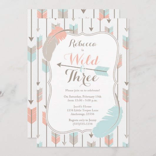 Wild en Drie Tribal Pijlen Derde Verjaardagsfeest Kaart (Voorkant / Achterkant)