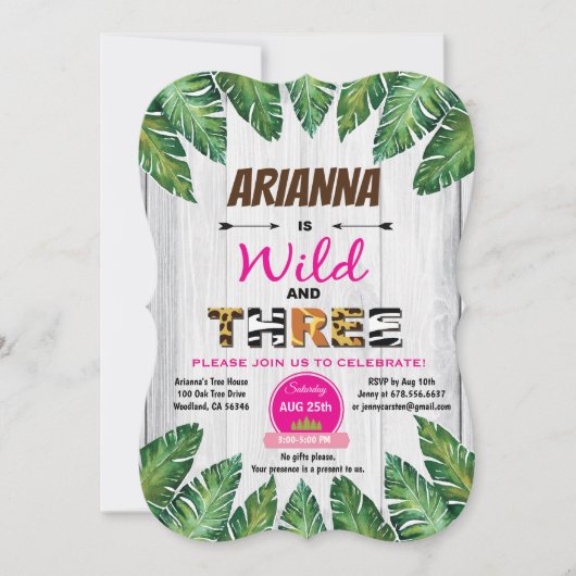 Wild en drie verjaardagsuitnodigingen. Meisje oerw Kaart (Voorkant)