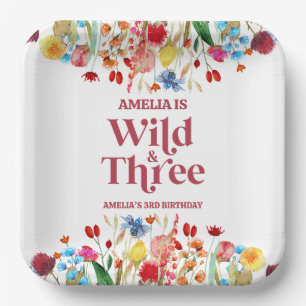 Wild en Drie Wildflower Derde 3e Verjaardagsfeest Papieren Bordje