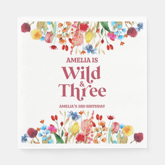Wild en Drie Wildflower Derde 3e Verjaardagsfeest Servet (Voorkant)