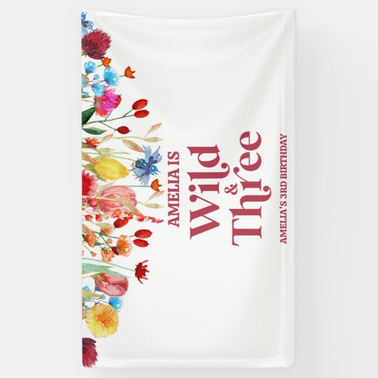 Wild en Drie Wildflower Derde 3e Verjaardagsfeest Spandoek (Verticaal)
