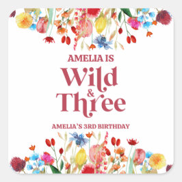 Wild en Drie Wildflower Derde 3e Verjaardagsfeest Vierkante Sticker