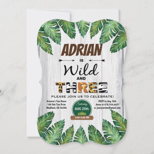 Wild en gratis 3e verjaardag uitnodiging. Boy oerw Kaart (Voorkant)