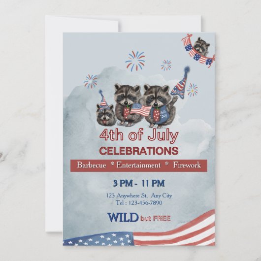 Wild en gratis 4 juli Raccoon Party Kaart (Voorkant)