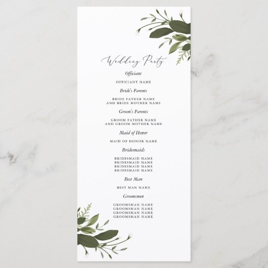 Wild en groen huwelijksprogramma programmakaart (Achterkant)