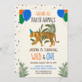 Wild en One Oerwoud Zoo Birthday Invitation Boy Kaart (Voorkant / Achterkant)