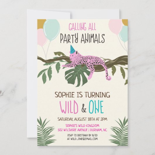 Wild en One Oerwoud Zoo Birthday Invitation Girl Kaart (Voorkant)