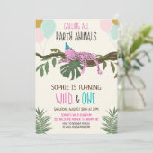 Wild en One Oerwoud Zoo Birthday Invitation Girl Kaart (Staand voorkant)