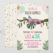 Wild en One Oerwoud Zoo Birthday Invitation Girl Kaart (Voorkant / Achterkant)