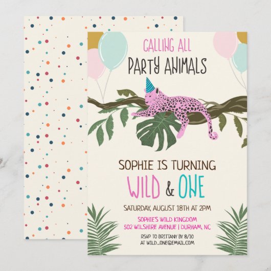 Wild en One Oerwoud Zoo Birthday Invitation Girl Kaart (Voorkant / Achterkant)