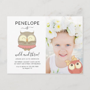 Wild en Three Cute Owls Foto Verjaardagsfeestje Uitnodiging Briefkaart