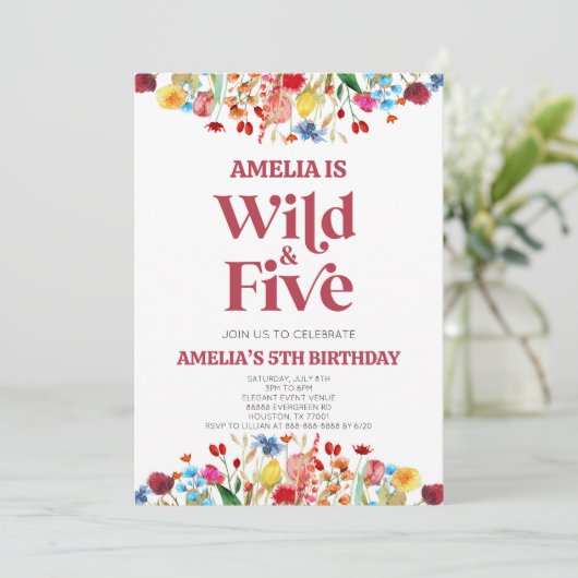 Wild en Vijf Wildflower Vijfde 5e Verjaardagsfeest Kaart (Staand voorkant)