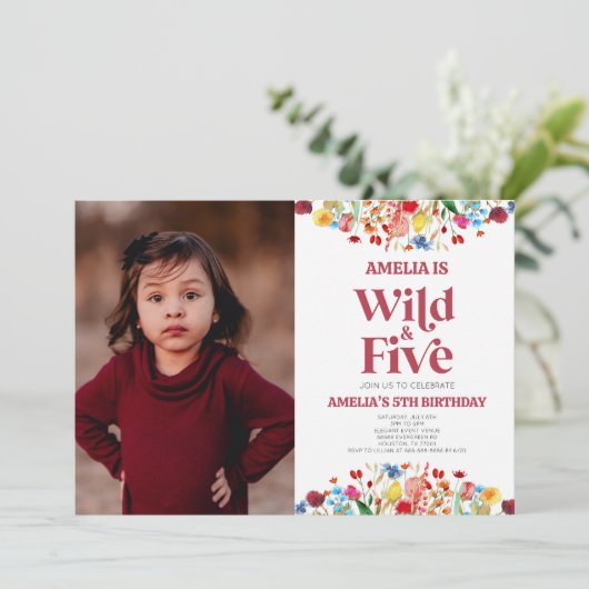 Wild en Vijf Wildflower Vijfde 5e Verjaardagsfeest Kaart (Staand voorkant)