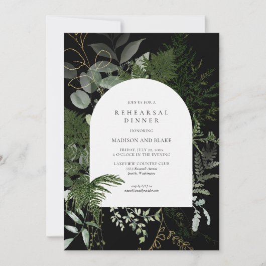Wild Fern Greenery Black Wedding Rehearsal Dinner Kaart (Voorkant)