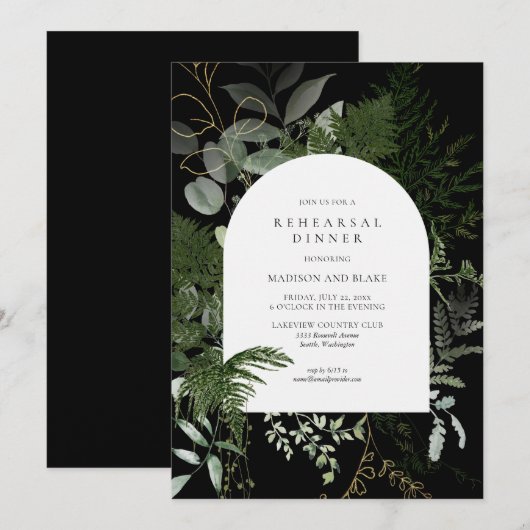 Wild Fern Greenery Black Wedding Rehearsal Dinner Kaart (Voorkant / Achterkant)