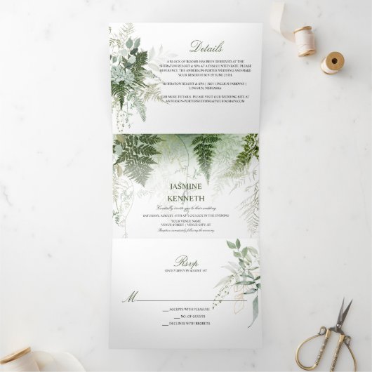 Wild Ferns Succulents Eucalyptus Greenery Wedding Drieluik Uitnodiging (Binnen)