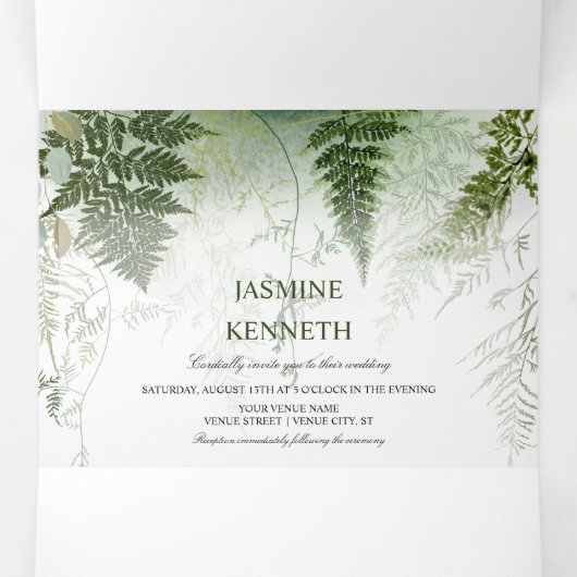 Wild Ferns Succulents Eucalyptus Greenery Wedding Drieluik Uitnodiging (Binnenkant midden)