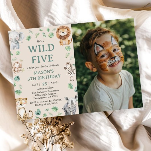 Wild Five Jungle Safari Animals Birthday Photo Kaart