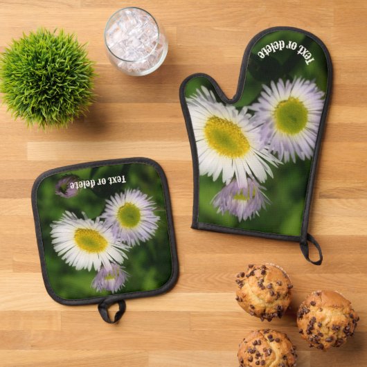 Wild Fleabane Daisy Flowers Natuur gepersonaliseer Ovenwant & Pannenlap Set (Top down)