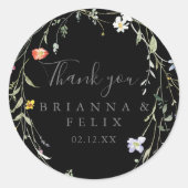 Wild Floral Black Dank u bruiloft gunst Ronde Sticker (Voorkant)