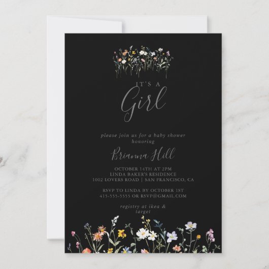 Wild Floral Black Het is een meisje Baby shower Kaart (Voorkant)