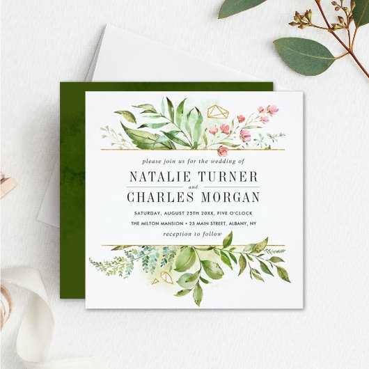 Wild Floral Green Foliage Wedding Invitation Kaart