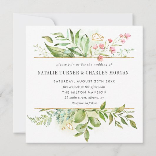 Wild Floral Green Foliage Wedding Invitation Kaart (Voorkant)