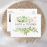 Wild Floral Green Foliage Weduwfoto Hartelijk dank Briefkaart<br><div class="desc">Een Elegant Wedding Dank je Briefkaart met waterverf groene bladeren met roze bloemen. Het zal perfect zijn voor lentendendingen,  zomerbruiloften,  strandbruiloften en soortgelijke evenementen. Klik op de button Aanpassen hierboven voor een geavanceerdere aanpassing van dit ontwerp. Overeenkomende objecten zijn ook beschikbaar.</div>