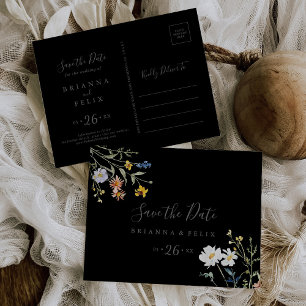 Wild Floral Zwart Horizontaal Save the Date Briefkaart