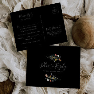 Wild Floral Zwart Menu Keuze RSVP Briefkaart
