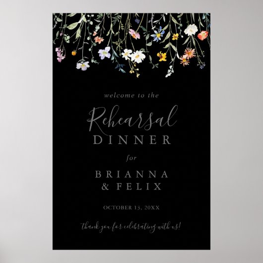 Wild Floral Zwart Repetitie Diner Welkom Poster (Voorkant)