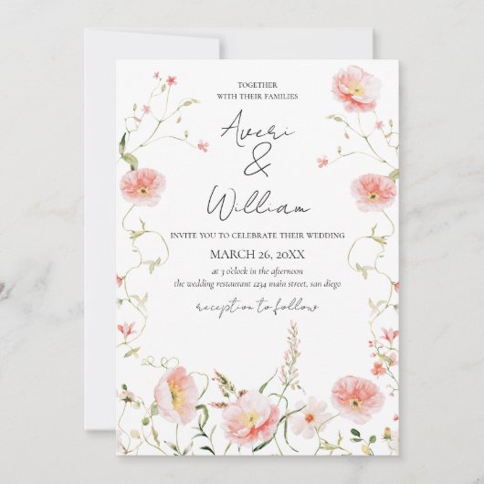 Wild Flower Aquarel Moderne Boho Huwelijk Kaart (Voorkant)