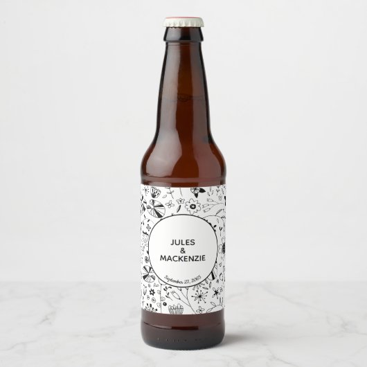 Wild Flower Monochrome Modern Bier Etiket (Voorkant)