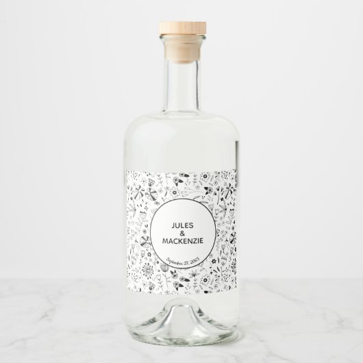 Wild Flower Monochrome Modern Likeurfles Etiket (Voorkant)